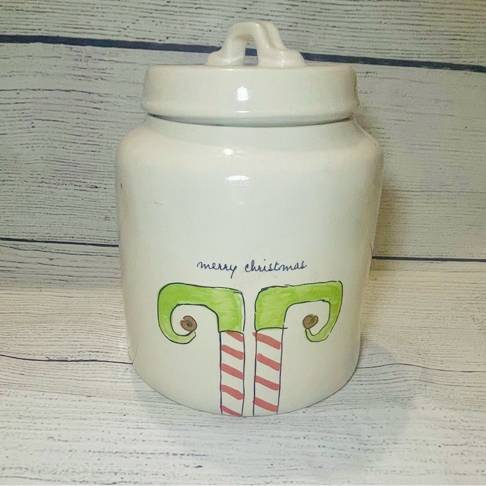 RAE DUNN White ELF FEET Merry Christmas Ceramic Cookie JAR